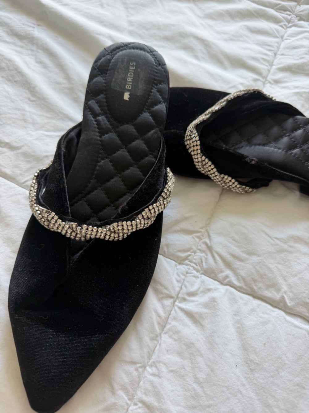 Birdies Black Velvet Crystal-Embellished Pointed Mules